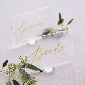 Bride & Groom Acrylic Wedding Signs With Bases Table Decor Clear Gold Lettering